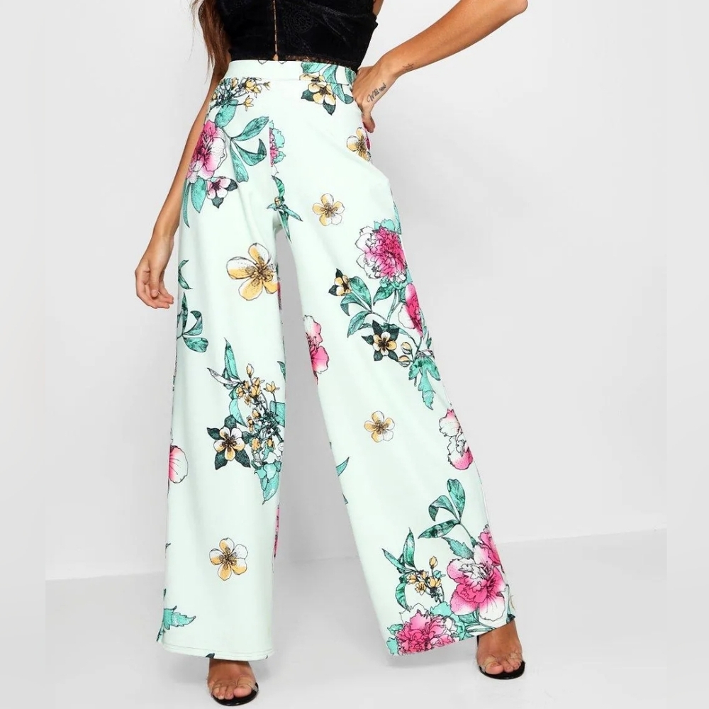 Boohoo Mint Floral Wide-Leg Pants